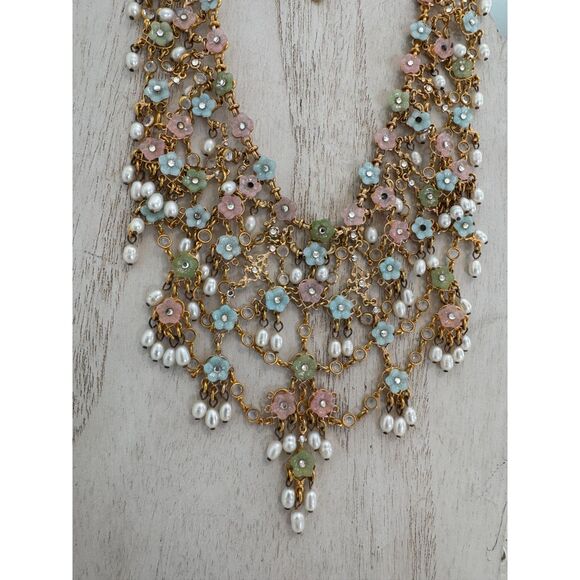 Jose and Maria Barrera Pearl Flower Pink Blue Gold Pastel Necklace Hard to Find - Picture 2 of 5